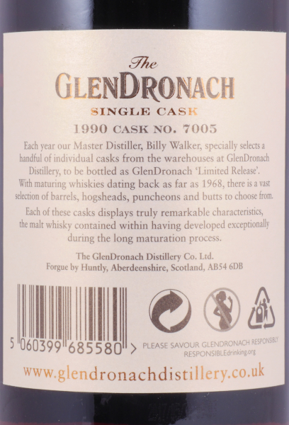 Glendronach 1990 27 Years Pedro Ximenez Sherry Puncheon Cask No. 7005 Highland Single Malt Scotch Whisky Cask Strength 53,4%