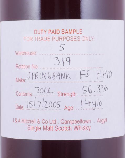 Springbank 2005 14 Years Fresh Sherry Hogshead Rotation No. 319 Duty Paid Sample Campbeltown Single Malt Scotch Whisky 56.3%