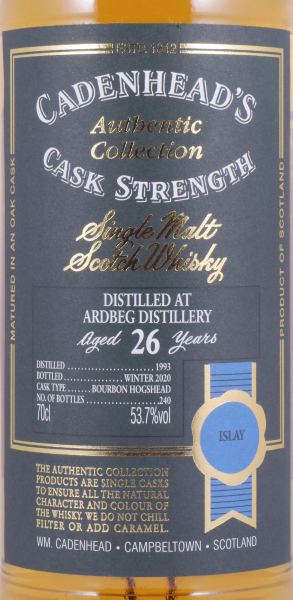 Ardbeg 1993 26 Years Bourbon Hogshead Cadenheads Authentic Collecton Islay Single Malt Scotch Whisky Cask Strength 53.7%