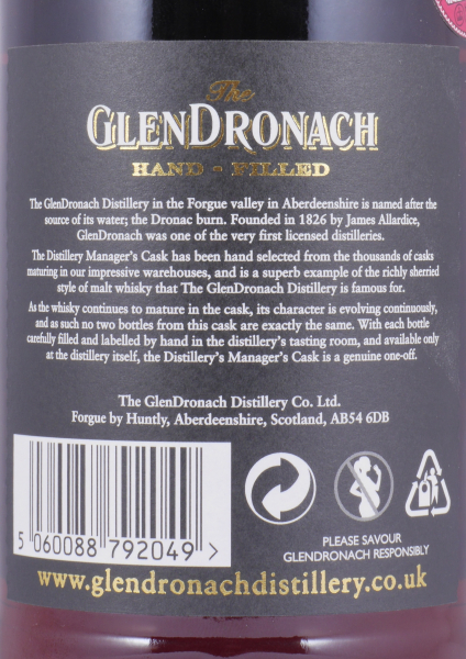 Glendronach 1994 25 Years Sherry Puncheon Cask No. 5086 Distillery Managers Exklusive Hand-Filled Highland Single Malt Scotch Whisky 54,7%