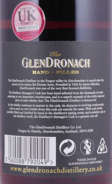 Glendronach 2005 11 Years Sherry Puncheon Cask No. 1444 Distillery Managers Exclusive Hand-Filled Highland Single Malt Scotch Whisky 57.3%