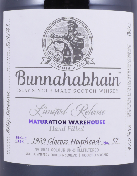 Bunnahabhain 1989 31 Years Oloroso Sherry Hogshead Cask No. 57 Limited Release Maturation Warehouse Hand Filled Islay Single Malt Scotch Whisky 47,0%