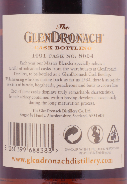 Glendronach 1991 27 Years Pedro Ximenez Sherry Puncheon Cask No. 8024 Highland Single Malt Scotch Whisky Cask Strength 50.8%