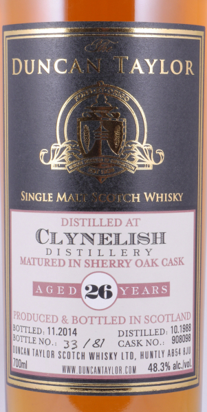 Clynelish 1988 26 Years Sherry Oak Cask No. 908098 Duncan Taylor Single Cask Collection Highland Single Malt Scotch Whisky 48.3%