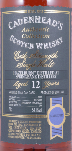 Hazelburn 2002 12 Years Bourbon Hogshead Cadenhead Campbeltown Single Malt Scotch Whisky Cask Strength 54.1%