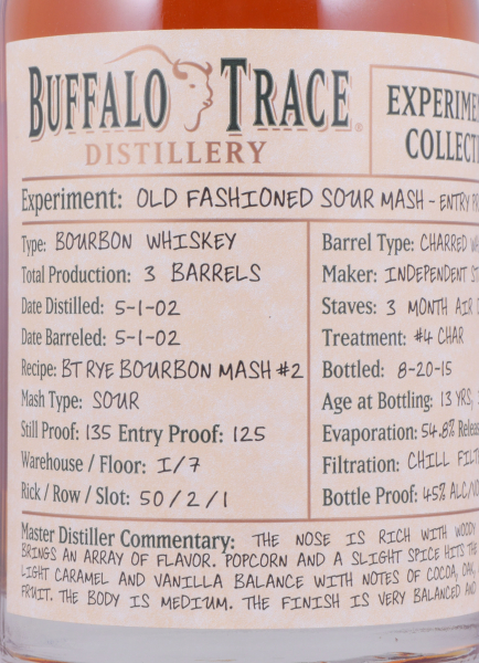 Buffalo Trace 2002 13 Years Old Fashioned Sour Mash Entry Proof 125 Experimental Collection 2015 Bourbon Whiskey 45.0%