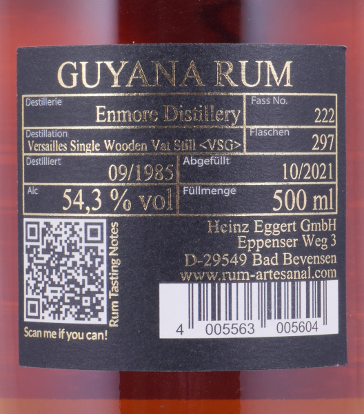 Enmore 1985 36 Years Cask No. 222 Rum Artesanal Versailles Single Wooden Vat Still Guyana Rum 54,3%