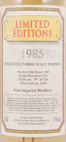 Imperial 1985 11 Years Bourbon Cask No. 1368 Blackadder Limited Editions Speyside Single Malt Scotch Whisky 43.0%