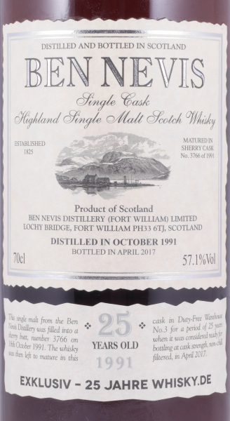 Ben Nevis 1991 25 Years Fresh Sherry Butt Cask No. 3766 Highland Single Malt Scotch Whisky Cask Strength 57.1%