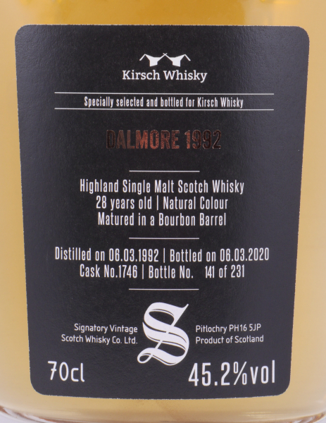 Dalmore 1992 28 Years Bourbon Barrel Cask No. 1746 Signatory Vintage Cask Strength Highland Single Malt Scotch Whisky 45.2%