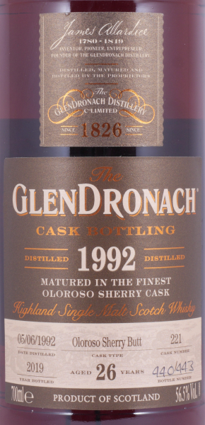 Glendronach 1992 26 Years Oloroso Sherry Butt Cask No. 221 Highland Single Malt Scotch Whisky Cask Strength 56,5%