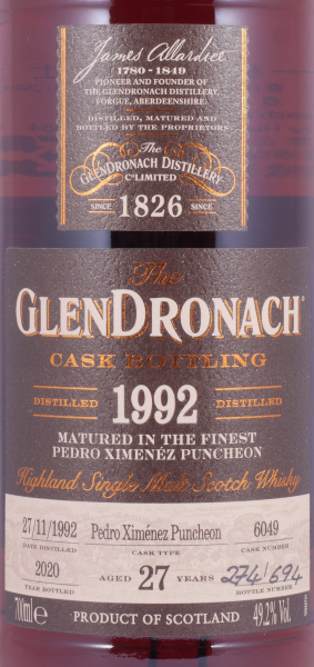 Glendronach 1992 27 Years Pedro Ximenez Sherry Puncheon Cask No. 6049 Highland Single Malt Scotch Whisky Cask Strength 49.2%