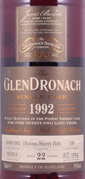 Glendronach 1992 22 Years Oloroso Sherry Butt Cask No. 199 Highland Single Malt Scotch Whisky Cask Strength 59,4%