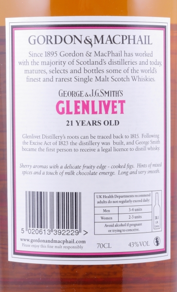Glenlivet 21 Years J.G. Smiths Label Gordon and MacPhail Speyside Single Malt Scotch Whiskyl 43.0%