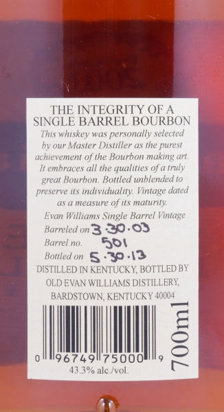 Evan Williams 2003 10 Years Single Barrel No. 501 Kentucky Straight Bourbon Whiskey 43.3%