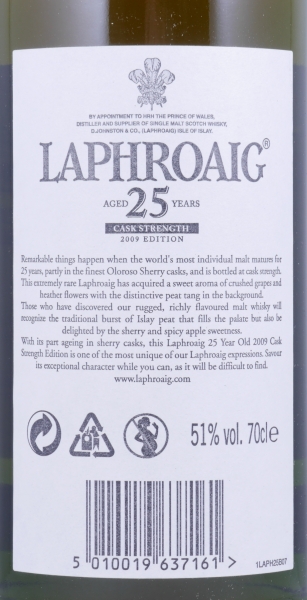 Laphroaig 25 Years Olosoro Sherry- und Bourbon Casks Limited Edition Release 2009 Islay Single Malt Scotch Whisky Cask Strength 51,0%