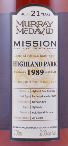 Highland Park 1989 21 Years Bourbon/Banyuls Wine Cask Murray McDavid Mission Gold Orkney Islands Single Malt Scotch Whisky 50.3%