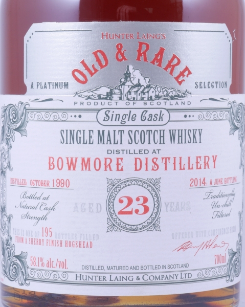 Bowmore 1990 23 Years Hunter Laing Old and Rare Platinum Selection Islay Single Malt Scotch Whisky 58.1%