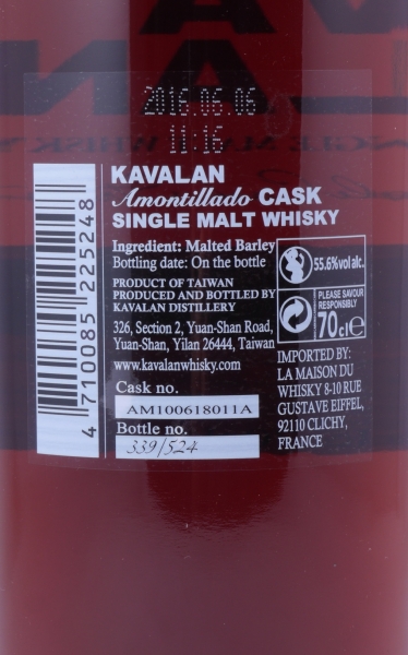 Kavalan Solist 2011 5 Years Amontillado Sherry Cask No. AM100618011A Release 2016 Taiwan Single Malt Whisky 55.6%