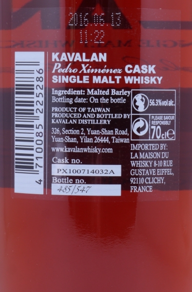 Kavalan Solist 2010 Pedro Ximenez Sherry Cask No. PX100714032A Release 2016 Taiwan Single Malt Whisky 56,3%