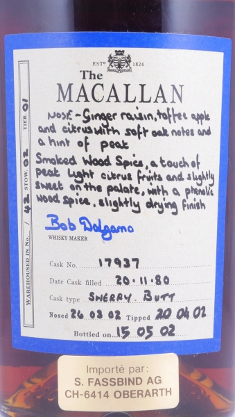 Macallan 1980 21 Years Exceptional Single Cask 3 Sherry Butt Cask No. 17937 Blue Ribbon Highland Single Malt Scotch Whisky 51.0%