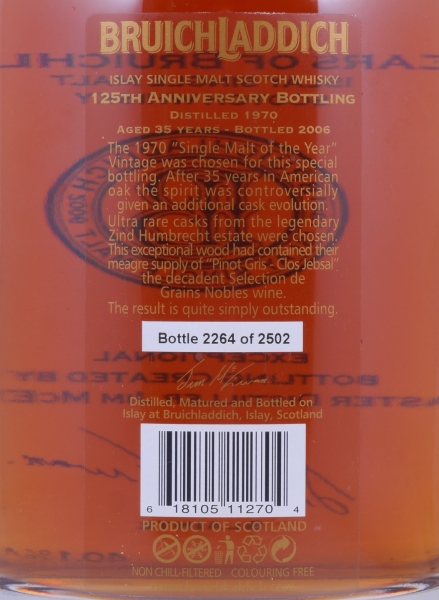 Bruichladdich 1970 35 Years Bourbon Casks / Zind Humbrecht Pinot Gris Cask Finish 125th Anniversary Islay Single Malt Scotch Whisky 40.1%