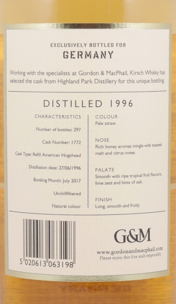 Highland Park 1996 21 Years Refill American Hogshead Cask No. 1772 Gordon und MacPhail Reserve Orkney Islands Single Malt Scotch Whisky 46,0%