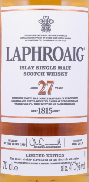 Laphroaig 27 Years limited Edition 2017 Double Matured Islay Single Malt Scotch Whisky Cask Strength 41.7%