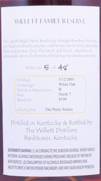 Willett 2001 7 Years Single Barrel No. 8198 Family Estate Rare Release Kentucky Straight Bourbon Whiskey 61.7%