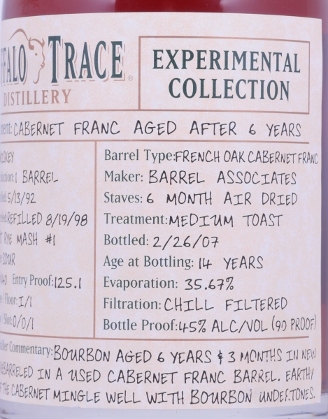 Buffalo Trace 1992 14 Years Cabernet Franc French Oak Barrel 4. Release Experimental Collection 2008 Bourbon Whiskey 45,0%