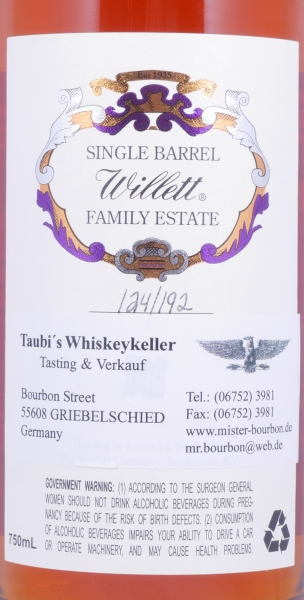 Willett 7 Years Single Barrel No. 1446 Bordeaux Wax Sealed Family Estate Rare Release Kentucky Straight Bourbon Whiskey 62.8%