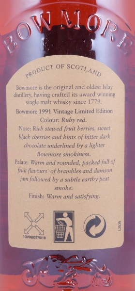 Bowmore 1991 16 Years Port Cask Limited Edition Bottling Islay Single Malt Scotch Whisky Cask Strength 53,1%