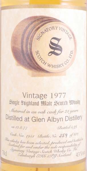 Glen Albyn 1977 21 Years Oak Cask No. 1951 Signatory Vintage Highland Single Malt Scotch Whisky 43,0%