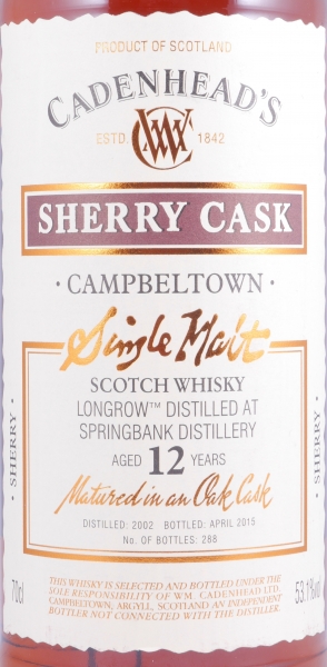 Longrow 2001 12 Years Sherry Cask Cadenhead Campbeltown Single Malt Scotch Whisky Cask Strength 53.1%